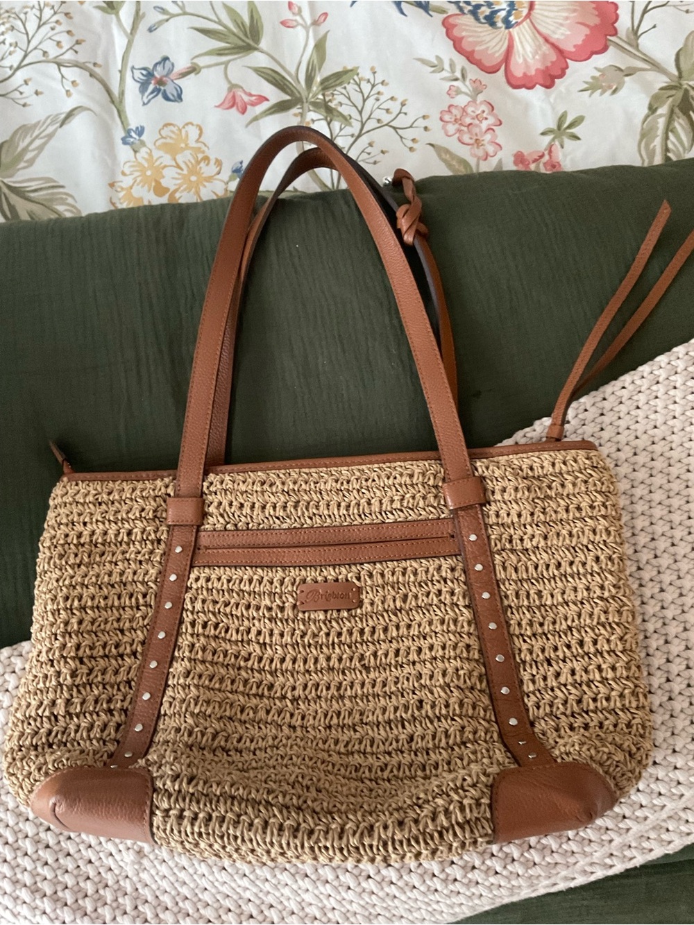 Brighton Straw Tote with Brown Trim and Leather Straps